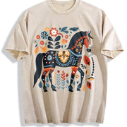 Bohemian Horse & Floral Vintage Washed T-Shirt in Beige