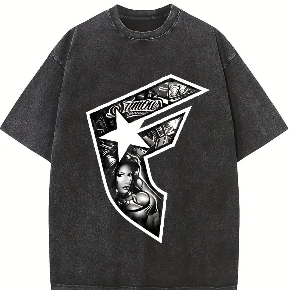 Retro with Bold Geometric Vintage Washed T-Shirt in Black