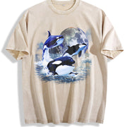 Three Orcas 90s Sea Animal Moon Midnight Vintage Washed T-Shirt in Beige