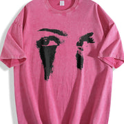 Abstract Black and White Faces Vintage Washed T-Shirt in Red