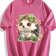 Hedgehog with Jewelry and Lucky Four-leaf Clover Vintage Washed T-Shirt in Red