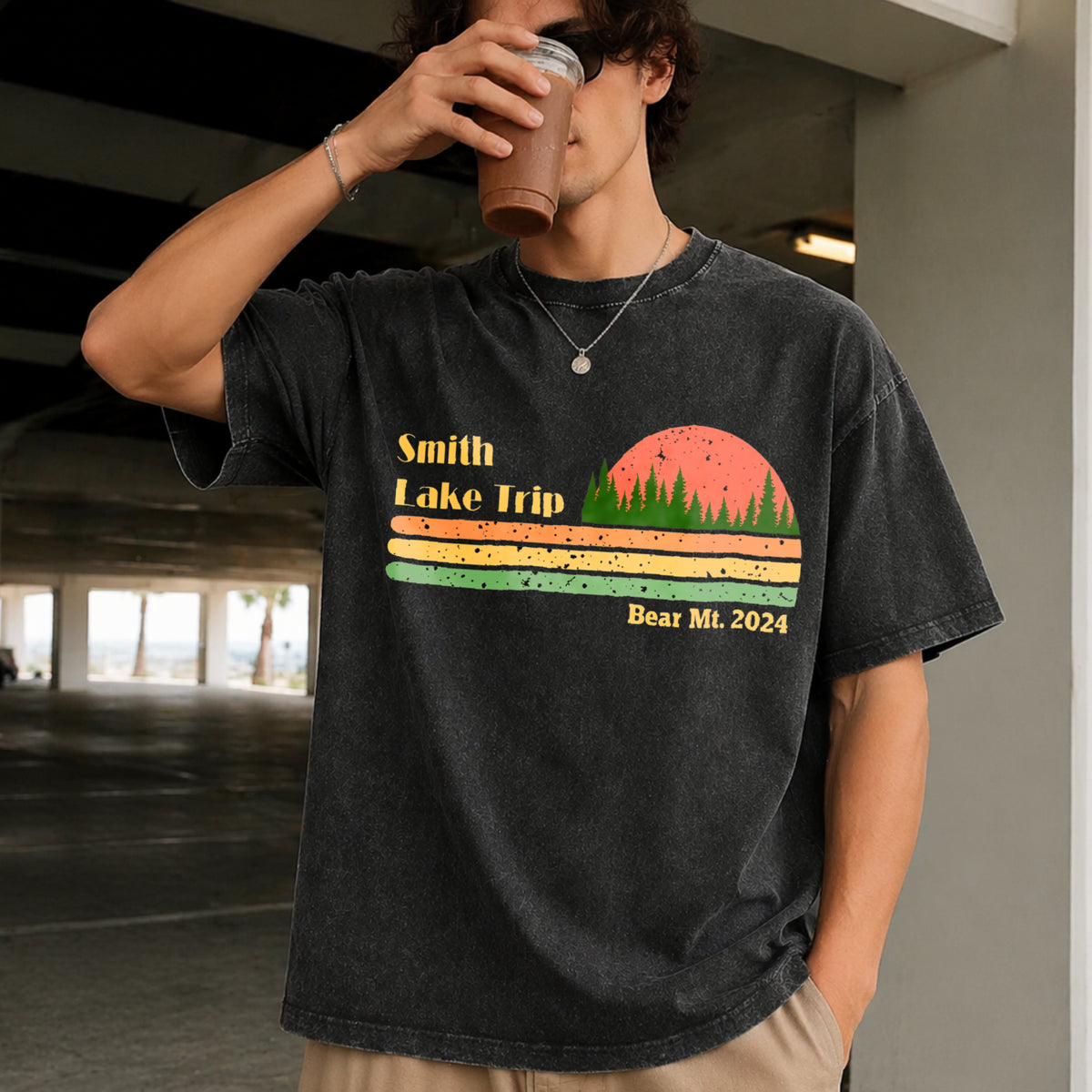 Custom Camping Custom Lake Trip Vintage Washed T-Shirt in Black