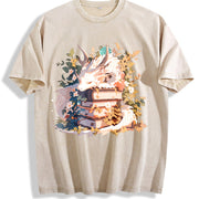 Animal Series: White Dragon Lying on Books with Floral. Vintage Washed T-Shirt in Beige