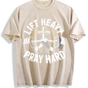 Lift Heavy Pray Hard Vintage Washed T-Shirt in Beige