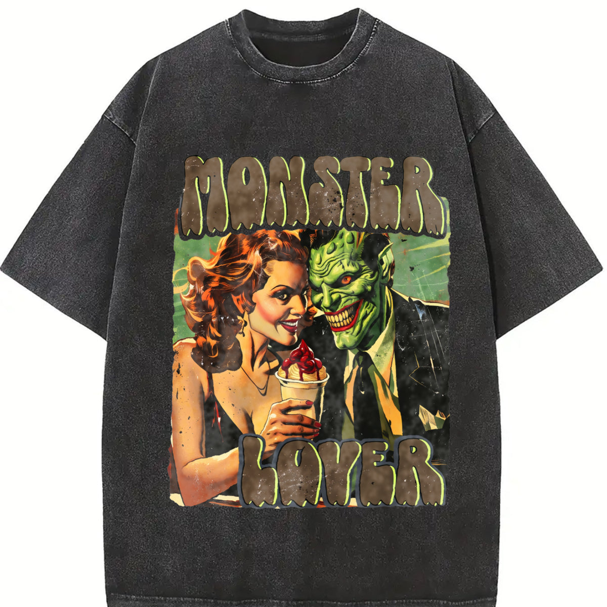 Retro Monster Lover 90s Vintage Washed T-Shirt in Black