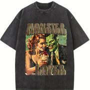 Retro Monster Lover 90s Vintage Washed T-Shirt in Black