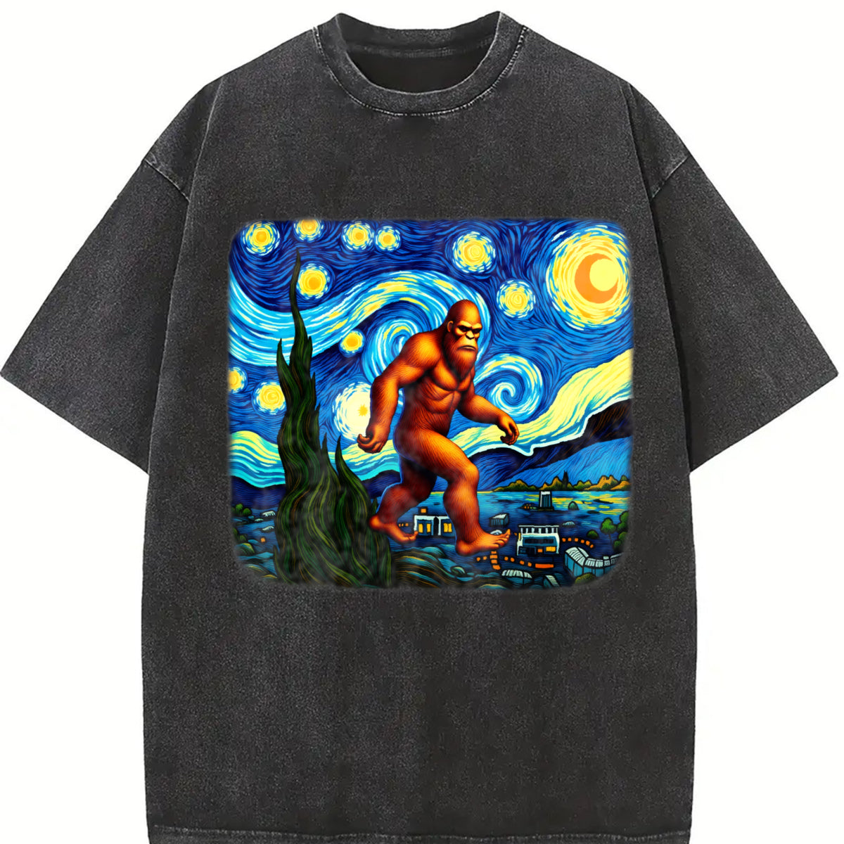 Retro Bigfoot on Starry Night 90s Vintage Washed T-Shirt in Black