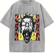 Premium Short-sleeve a Unique Punk Flame Screaming Face Vintage Washed T-Shirt in Gray