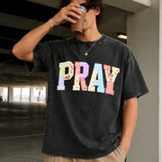 Pray Christian Faux Quilted Religious Vintage Washed T-Shirt in Black