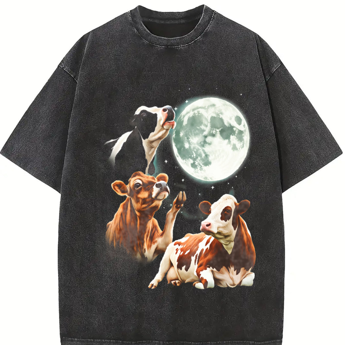 Cow Howling at Moon 90s Vintage Washed T-Shirt in Black
