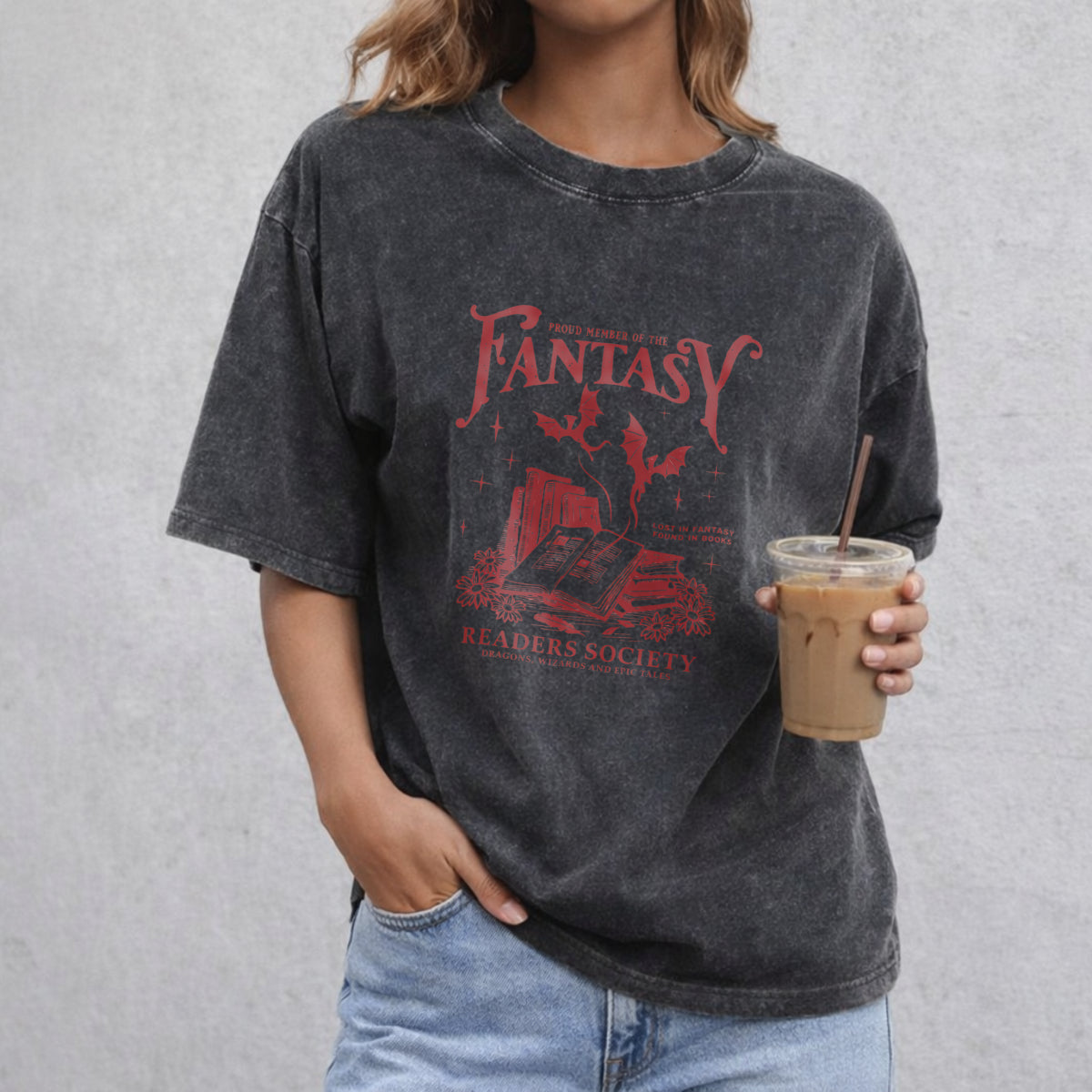 Fantasy Readers Society vintage washed oversized T-shirt in Black