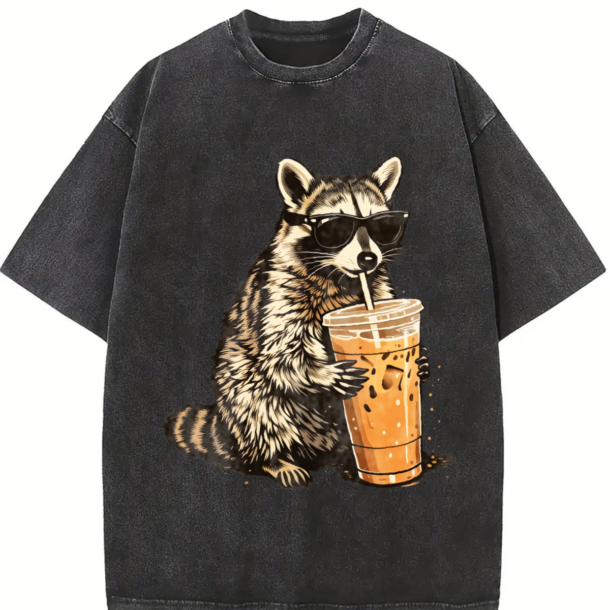 Raccoon Iced Coffee Animal vintage washed oversized T-shirt in Black