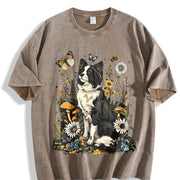 Dog Short-sleeve Blouse with Cute Puppy & Canine Patterns Vintage Washed T-Shirt in Brown