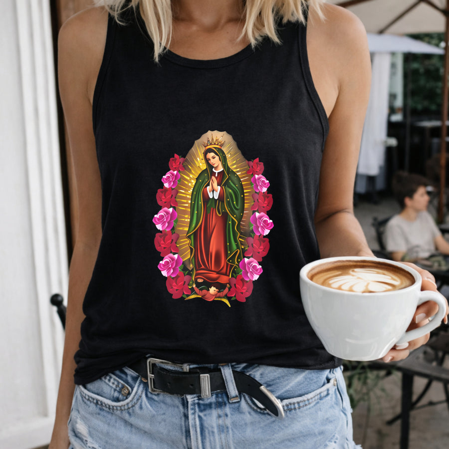 Our Lady of Guadalupe Women's Color Cotton Tank Top in Black
