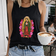Virgin Mary with Roses Crew-neck Sleeveless Vest Outdoor Women's Color Cotton Tank Top in Black