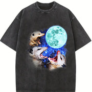 Three Possums Howling at Moon Vinatge Vintage Washed T-Shirt in Black