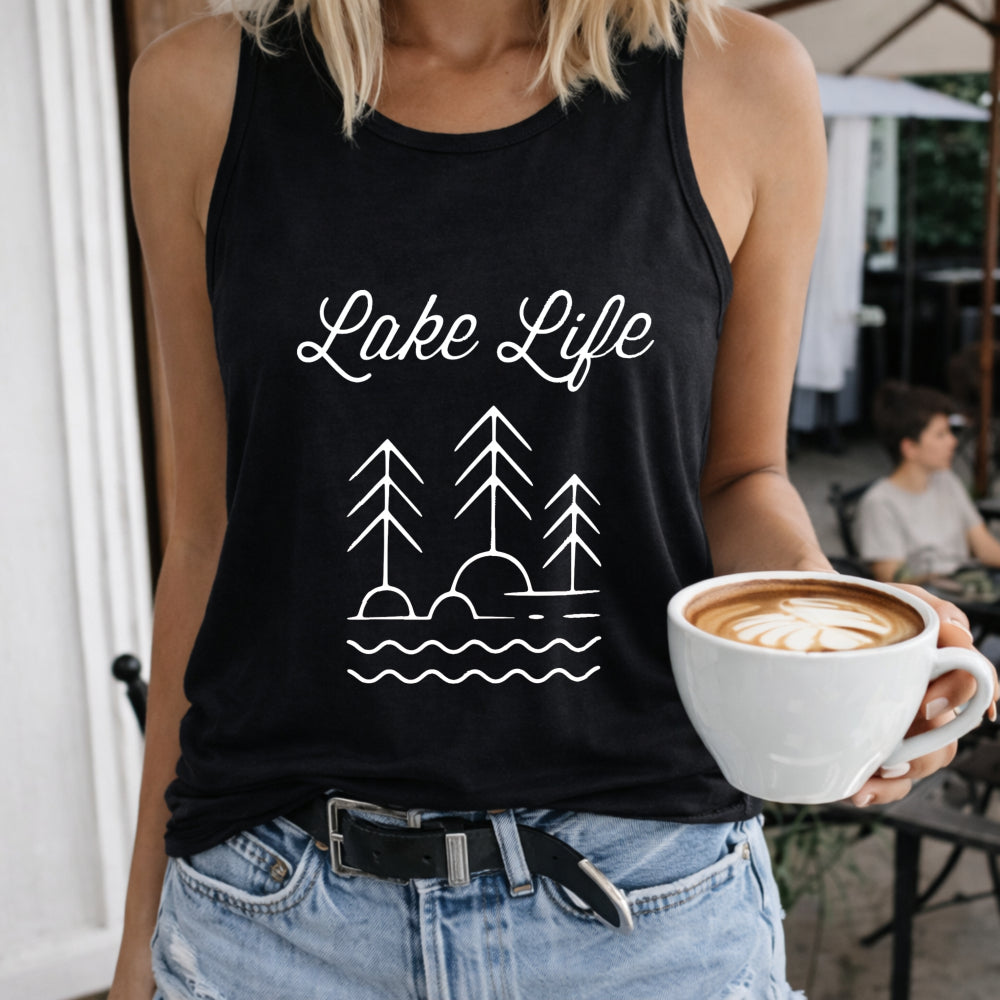 Lake Life Trees Water Sun Crew-neck Sleeveless Vest Women's Color Cotton Tank Top in Black