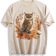 Autumn Leaf Flower Owl One-piece Vintage Washed T-Shirt in Beige