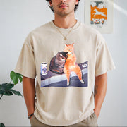 Bowling Cat Vintage Washed T-Shirt in Beige