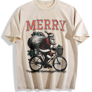 Retro Merry Santa Riding Bike 90s Vintage Washed T-Shirt in Beige