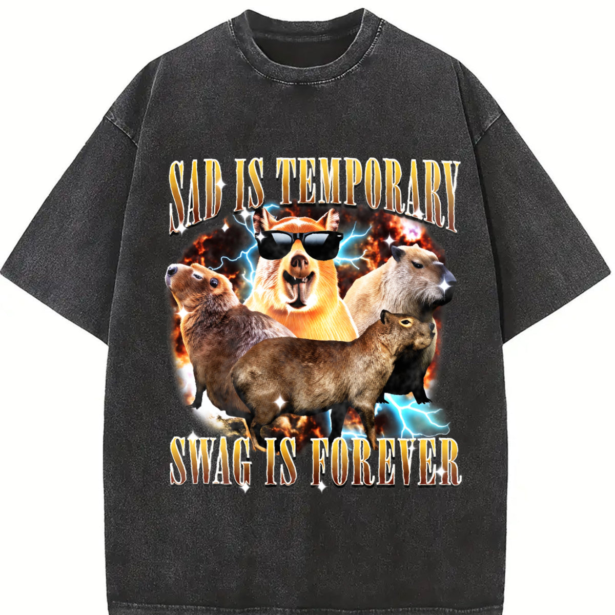 Sad Is Temporary Swag Is Forever 90s Vintage Washed T-Shirt in Black