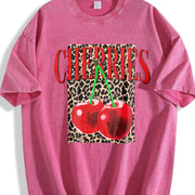Fun Hip-Hop Leopard Cherry Letters Personalized Street vintage washed oversized T-shirt in Red