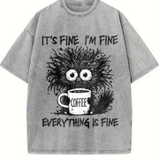 Animal Letter Furry Cat Coffee Vintage Washed T-Shirt in Gray