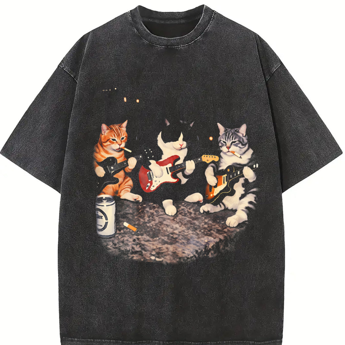 Rock Band Cats Retro Guitar Cat Vintage Washed T-Shirt in Black