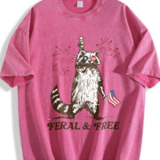 And. Pure Raccoon Flag and Firework Patterns Vintage Washed T-Shirt in Red