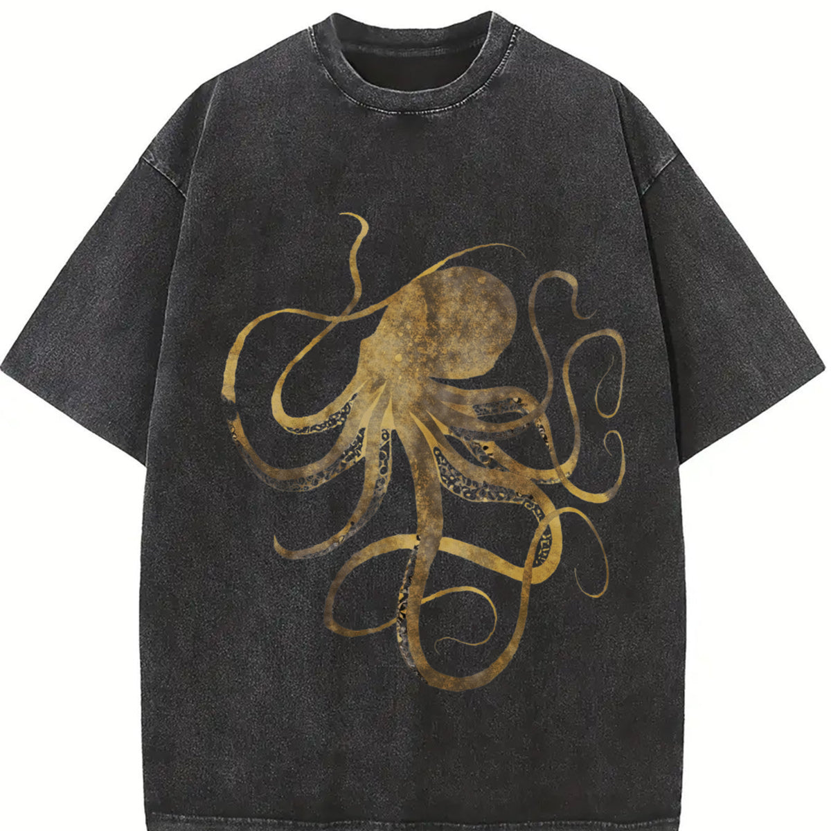 ' Golden Octopus with -Line Vintage Washed T-Shirt in Black