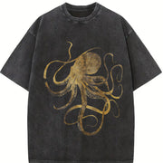 ' Golden Octopus with -Line Vintage Washed T-Shirt in Black