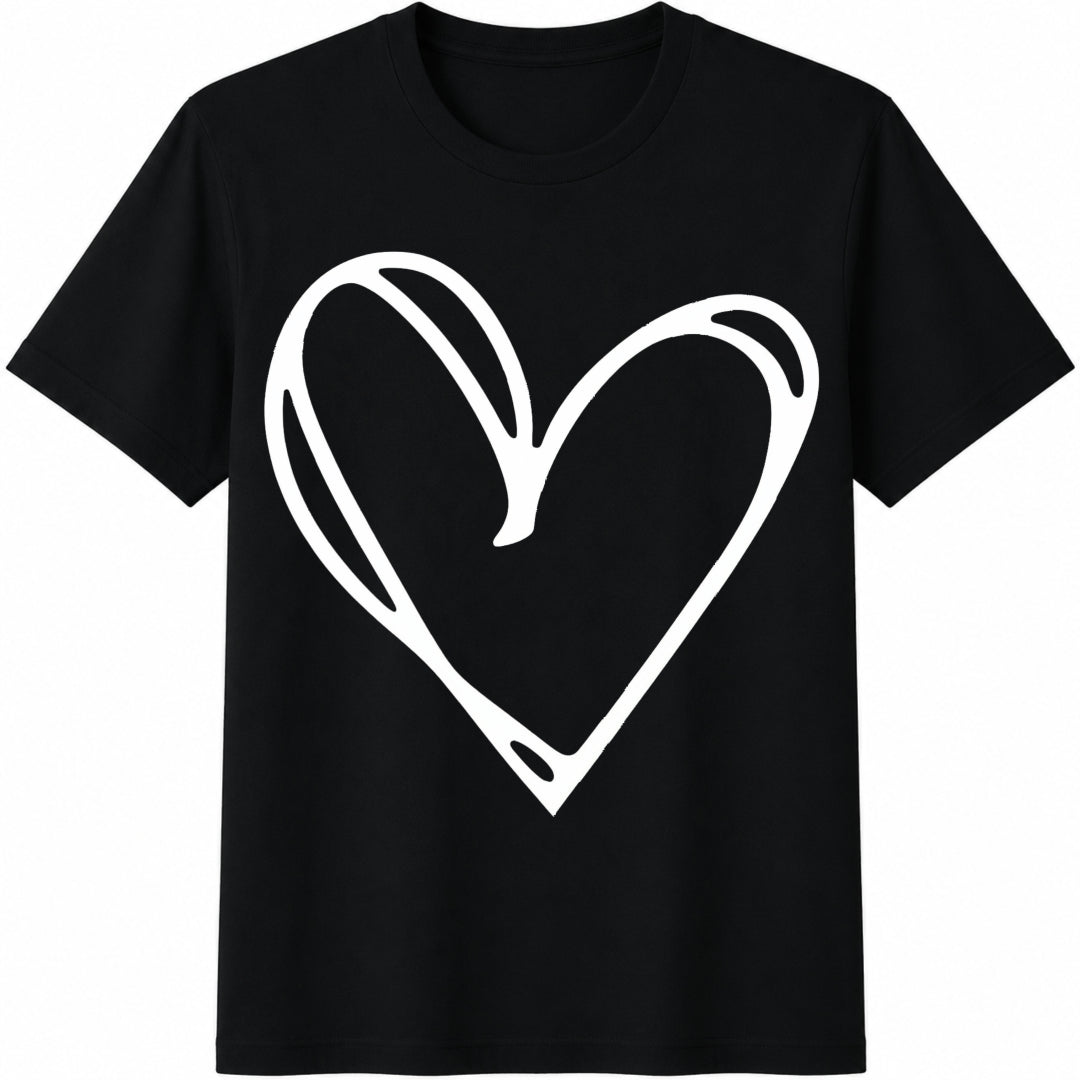 White Outline Heart Cotton T-Shirt in Black