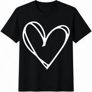 White Outline Heart Cotton T-Shirt in Black