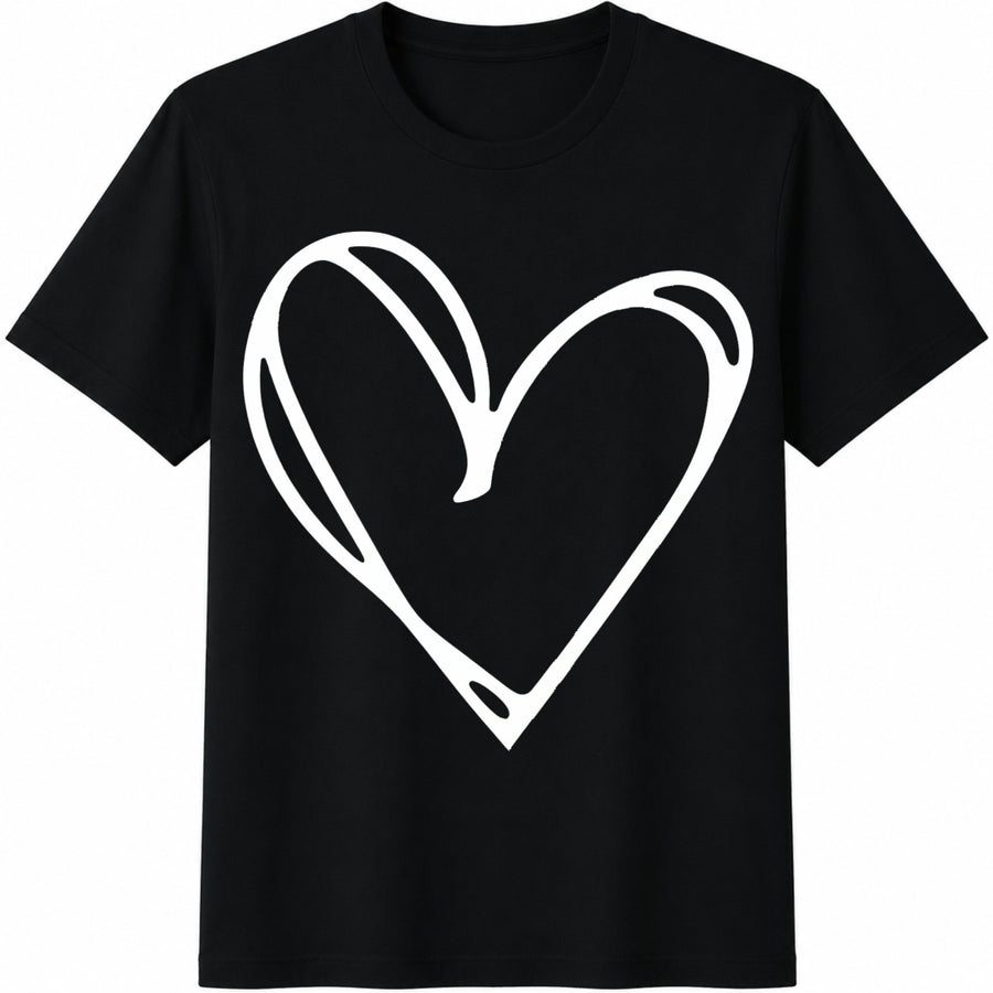 White Outline Heart Cotton T-Shirt in Black