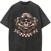 Motorcycle Skull Helmet Sleeveless Tank Vintage Washed T-Shirt in Black