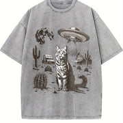 Ufo Western Cat Retro Cat Vintage Washed T-Shirt in Gray