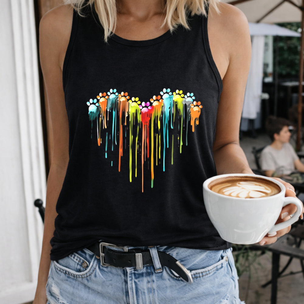 Colorful Dripping Paw Prints Crew-neck Sleeveless Vest Women's Color Cotton Tank Top in Black