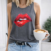Red Lips Crew-neck Sleeveless Vest Outdoor Women's Color Cotton Tank Top in Gray