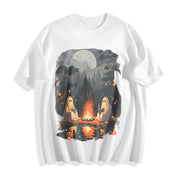 Teacher Halloween Ghost Book Reading Camping Cotton T-Shirt in White