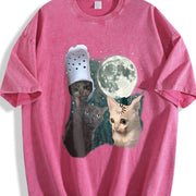 Three Cats Retro Moon Vintage Washed T-Shirt in Red