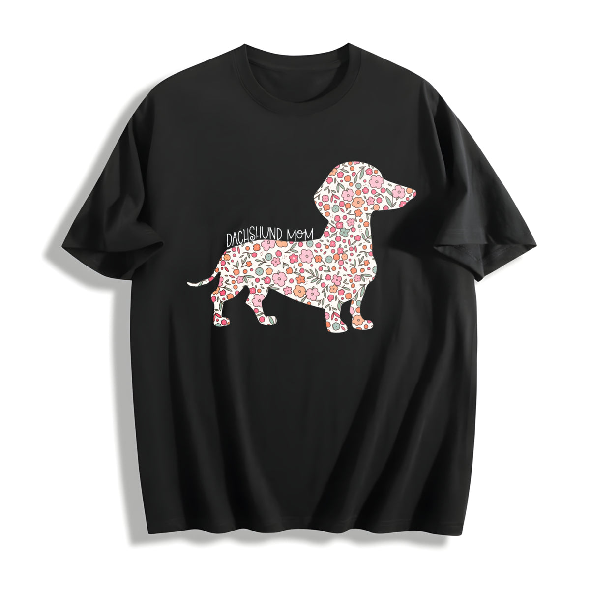 Floral Dachshund Wiener Dog Cotton T-Shirt in Black