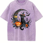 Gothic Witch Black Cat & Bats Vintage Washed T-Shirt in Purple