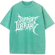 Grunge - style Support Your Local Library Text vintage washed oversized T-shirt in Blue