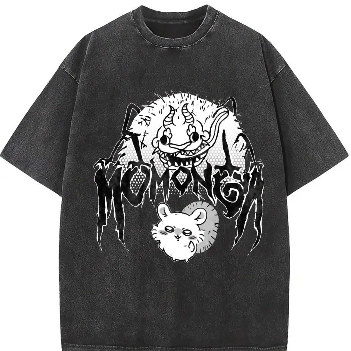 Metal Momonga Dekatsuyo Chiikawa Hip Hop Street Distressed vintage washed oversized T-shirt in Black