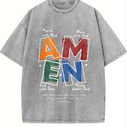 AMEN Classic Letter Header for Distressed God Bless Vintage Washed T-Shirt in Gray
