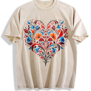Bohemian Folk Art Heart & Leaf Vintage Washed T-Shirt in Beige