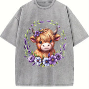 Baby Highland Cow With Purple Flowers Scottish Farm vintage washed oversized T-shirt in Gray