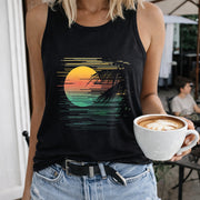 Sunset Palm Tree Gradient Lines Crew-neck Sleeveless Vest Women's Color Cotton Tank Top in Black
