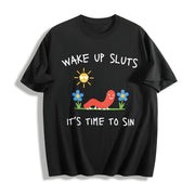 Wake Up Slts Animal Meme Sarcastic Cursed Unhinged Humor Cotton T-Shirt in Black