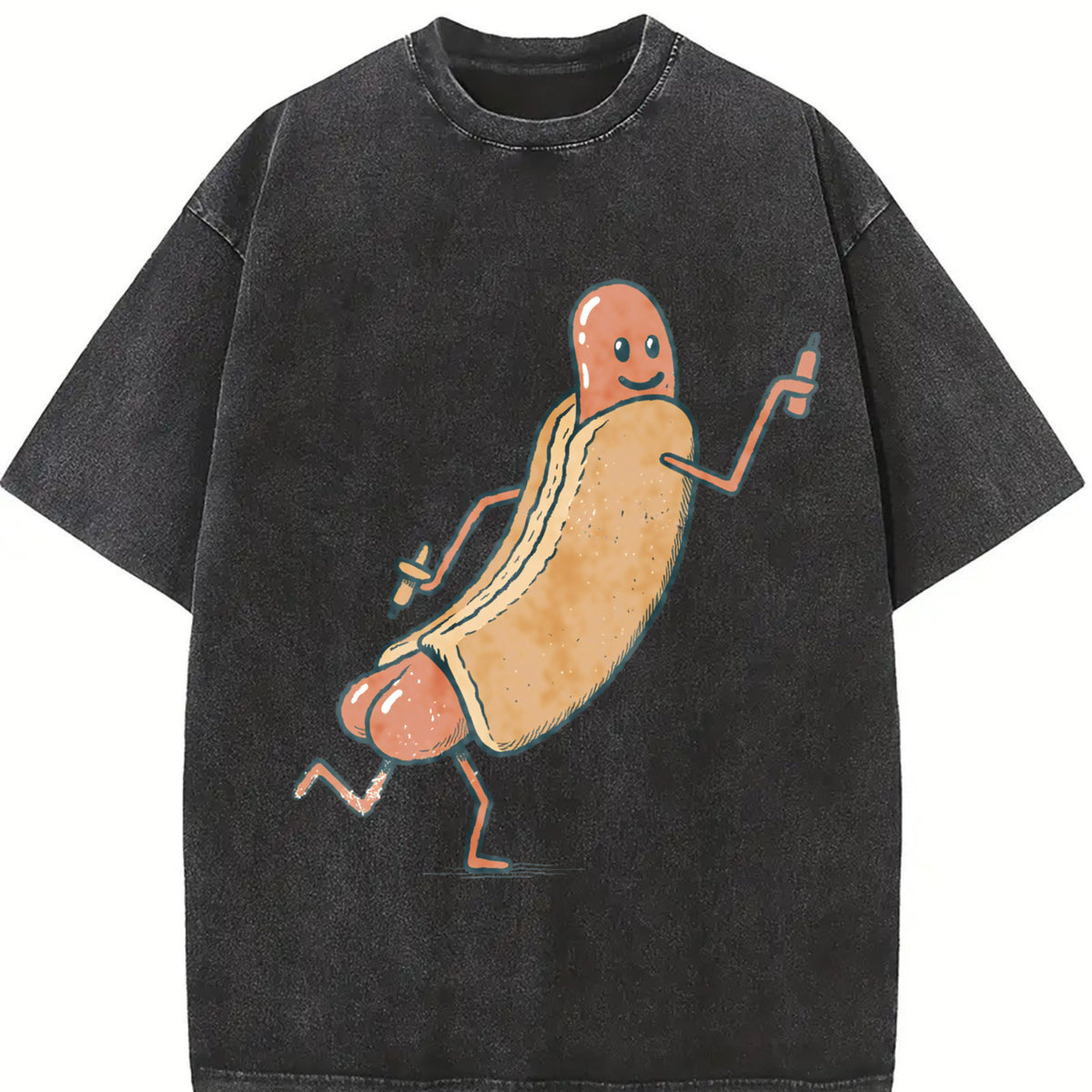 Hotdog: Cute Hotdog Vintage Washed T-Shirt in Black